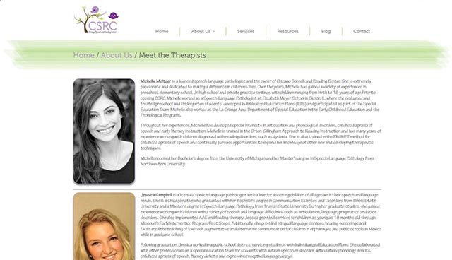 screenshot of Chicago Speech and Reading Meet the Therapists page