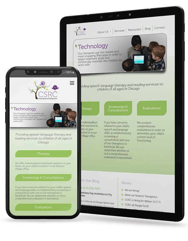 Chicago Speech and Reading home page displayed on iPad and iPhone screens