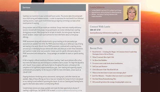 screenshot of Four Elements Coaching services page